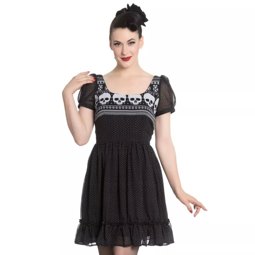 ModCloth x Hell Bunny Happy Skullidays polka dot Fair Isle skull dress
